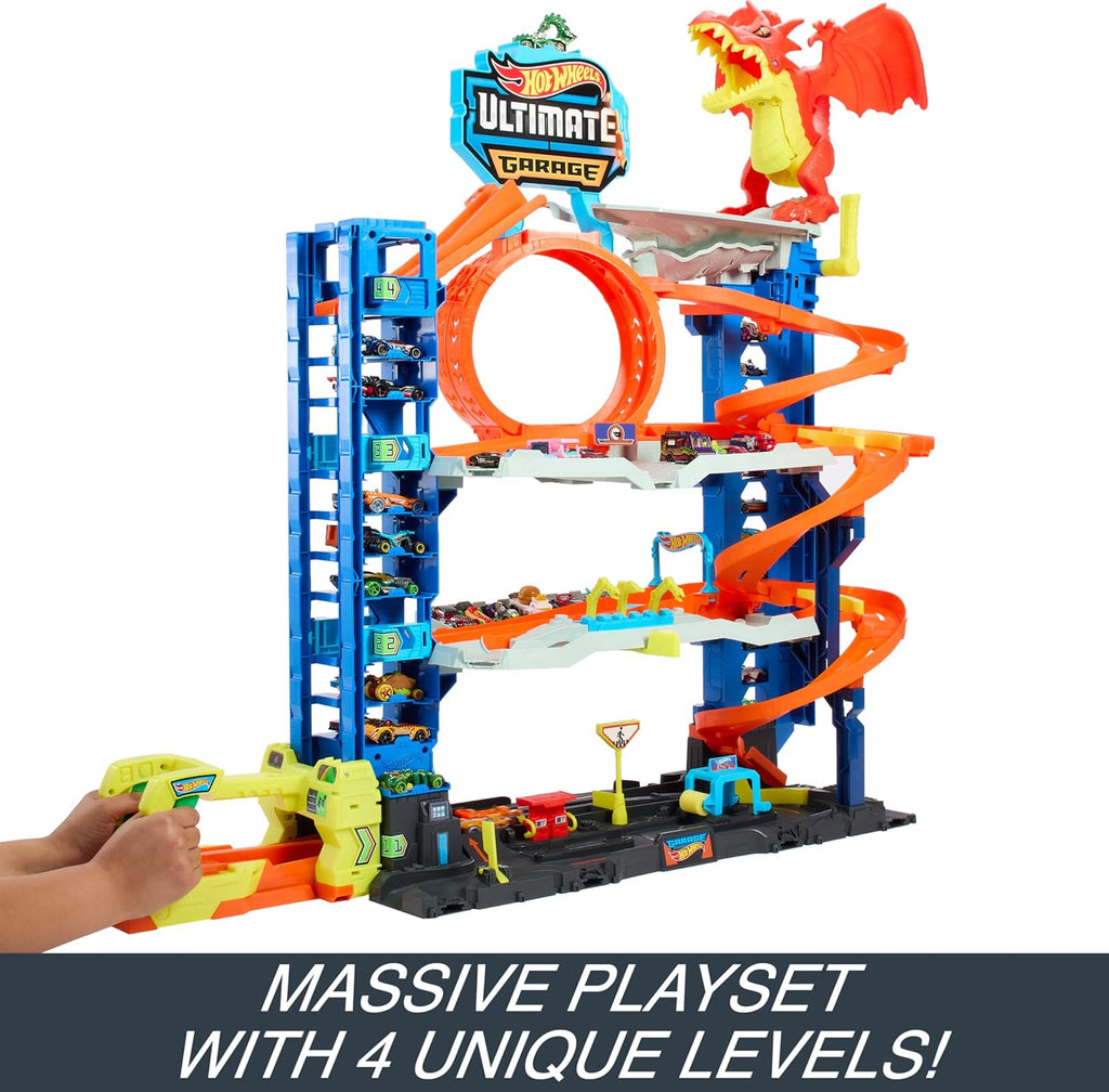 Hot Wheels City Ultimate Garage Playset with 2 Die-Cast Cars, Toy Storage for 50+ 1:64 Scale Cars, 4 Levels of Track Play + 50-Pack of 1:64 Scale Vehicles