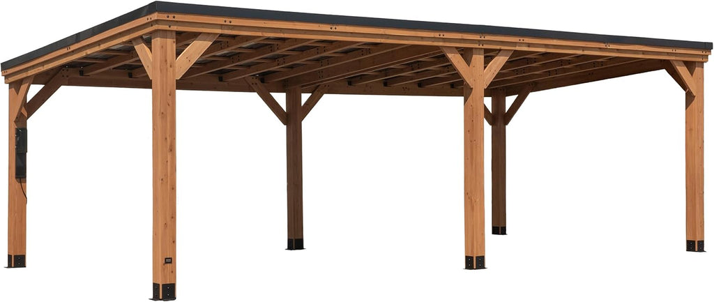 Backyard Discovery Saxony XL 12' x 6' Cedar Wood BBQ Grill Gazebo Pavilion with Hardtop Galvanized Steel Roof, Bar Tops, Powerport, Snow Support, Wind Resistance, Cook Station for Outdoor Patio, Deck