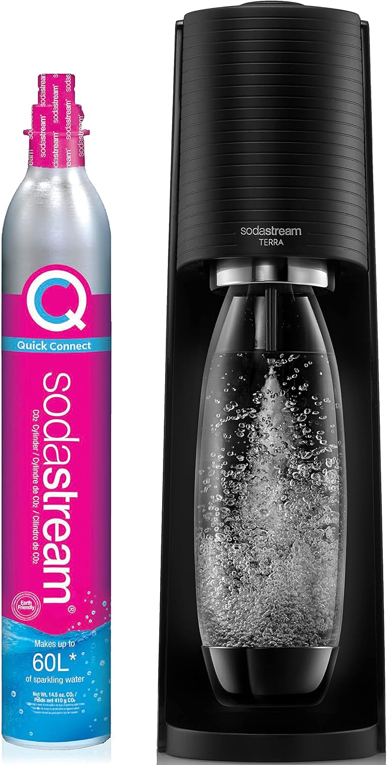 SodaStream Terra Sparkling Water Maker Bundle in Black - includes 3-Pack CO2 and Carbonating Bottle