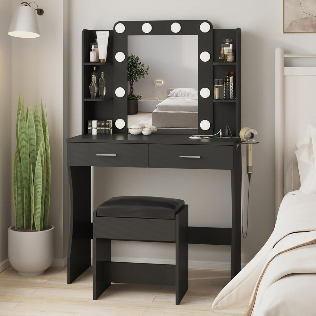 Vanity Desk with Lights,Makeup Vanity with Power Strip,Dressing Table Set with 2 Large Drawers,Vanity Mirror 3 Lighting Color Adjustable,White