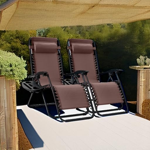 Best Choice Products Set of 2 Adjustable Steel Mesh Zero Gravity Lounge Chair Recliners w/Pillows and Cup Holder Trays - Beige