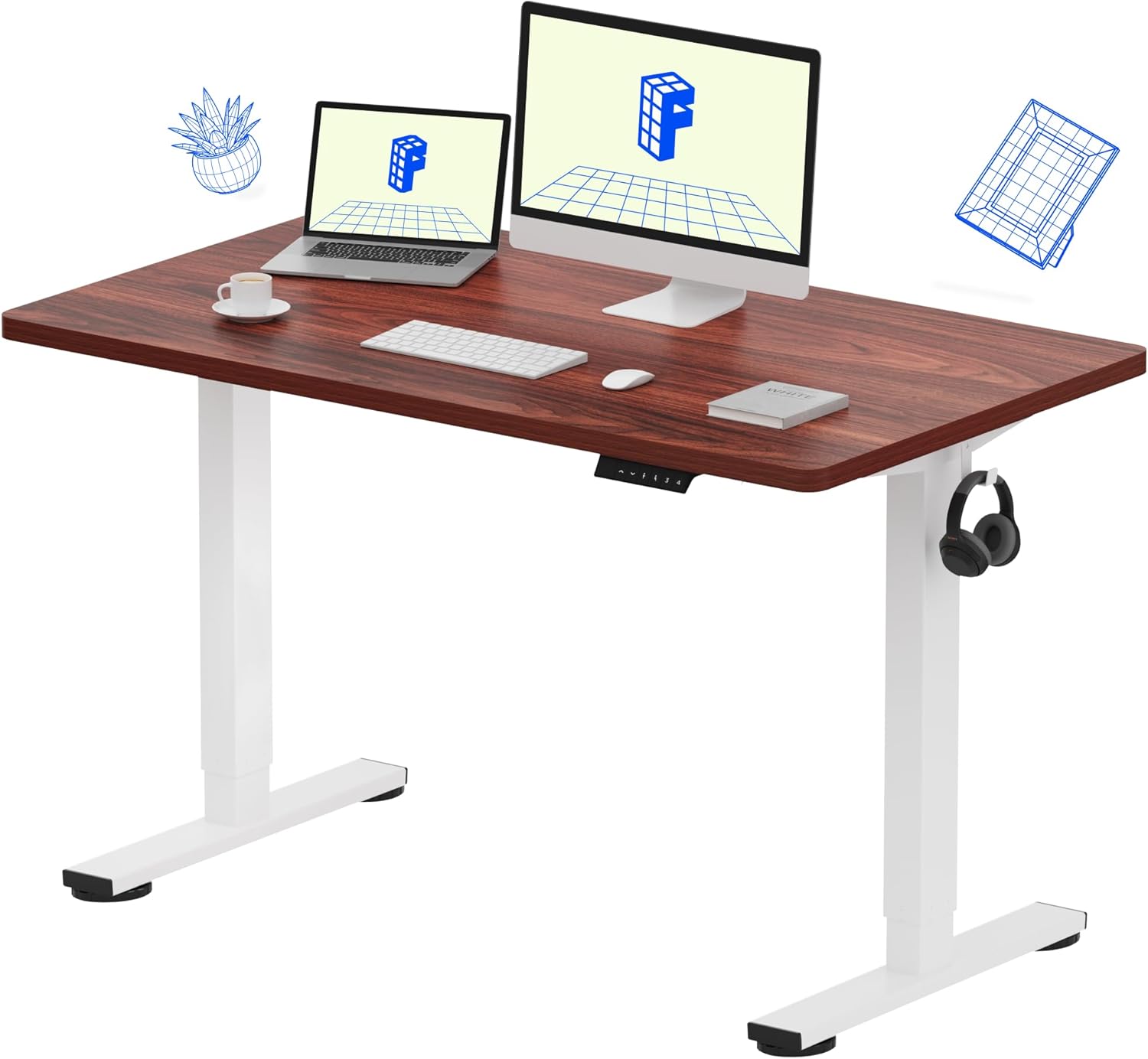 FLEXISPOT EN1 One-Piece Standing Desk 55 x 28 Inch Electric Adjustable Height Desk for Home Office and Computer Workstation (White Frame + 55" Maple Top, 2 Packages)