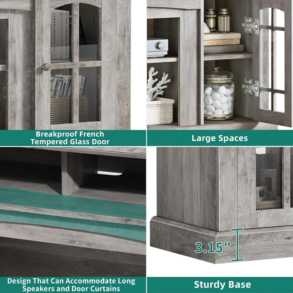 LED Farmhouse TV Stand for TV up to 75" w/Outlets, Highboy Media Entertainment Center Console Table Adjustable Storage Shelves &Cabinet Glass Door for 400lbs for Living Room