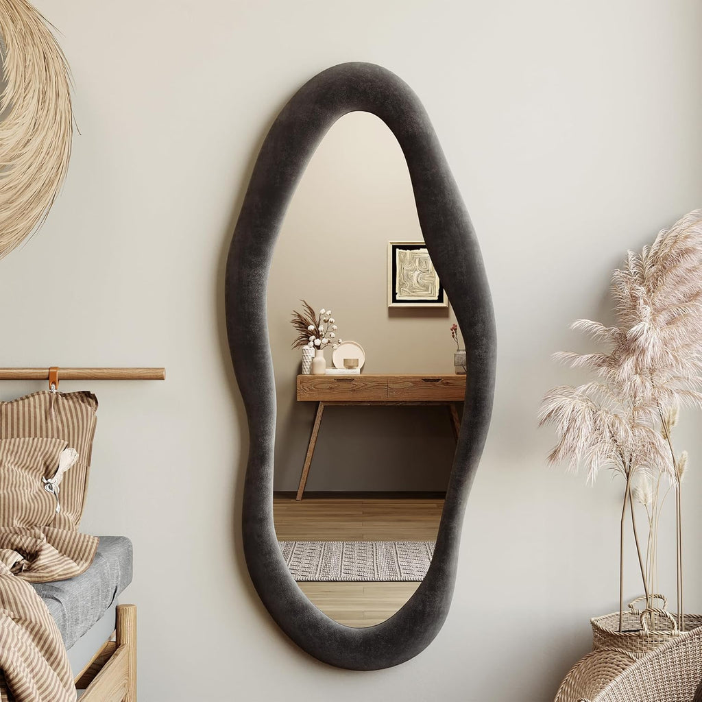 Honyee Full Length Mirror, 63" x 24" Wall Mirror, Flannel Wrapped Wooden Frame Full Body Mirror, Irregular Wavy Mirror Hanging or Leaning Against Wall for Cloakroom/Bedroom/Living Room, Ivory White