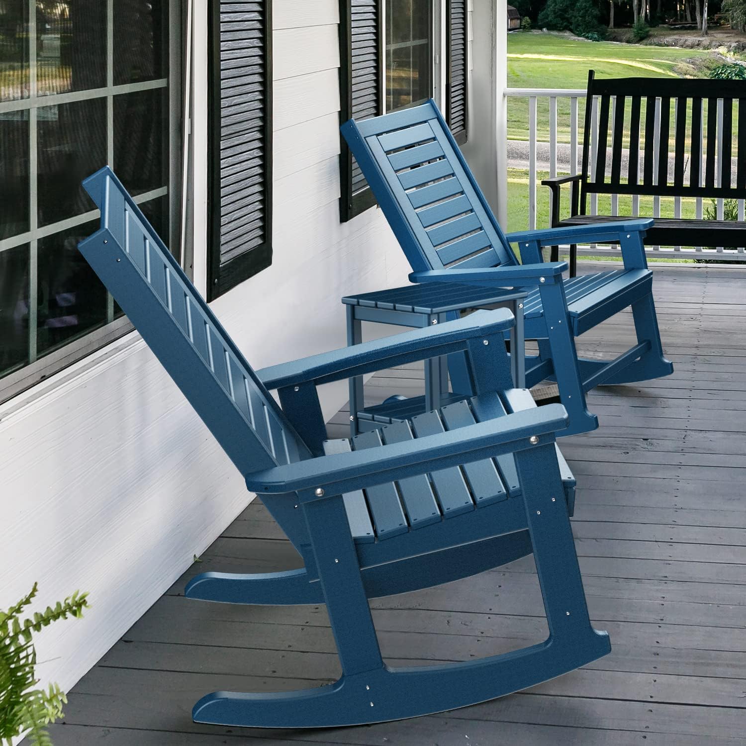 GREENVINES Outdoor Rocking Chairs | Set of 2 | Porch Rocker | HDPE Plastic | Black | Oversized Rockers | High Back | Big & Tall | Ladder Back | for Patio Outside Backyard Balcony Garden