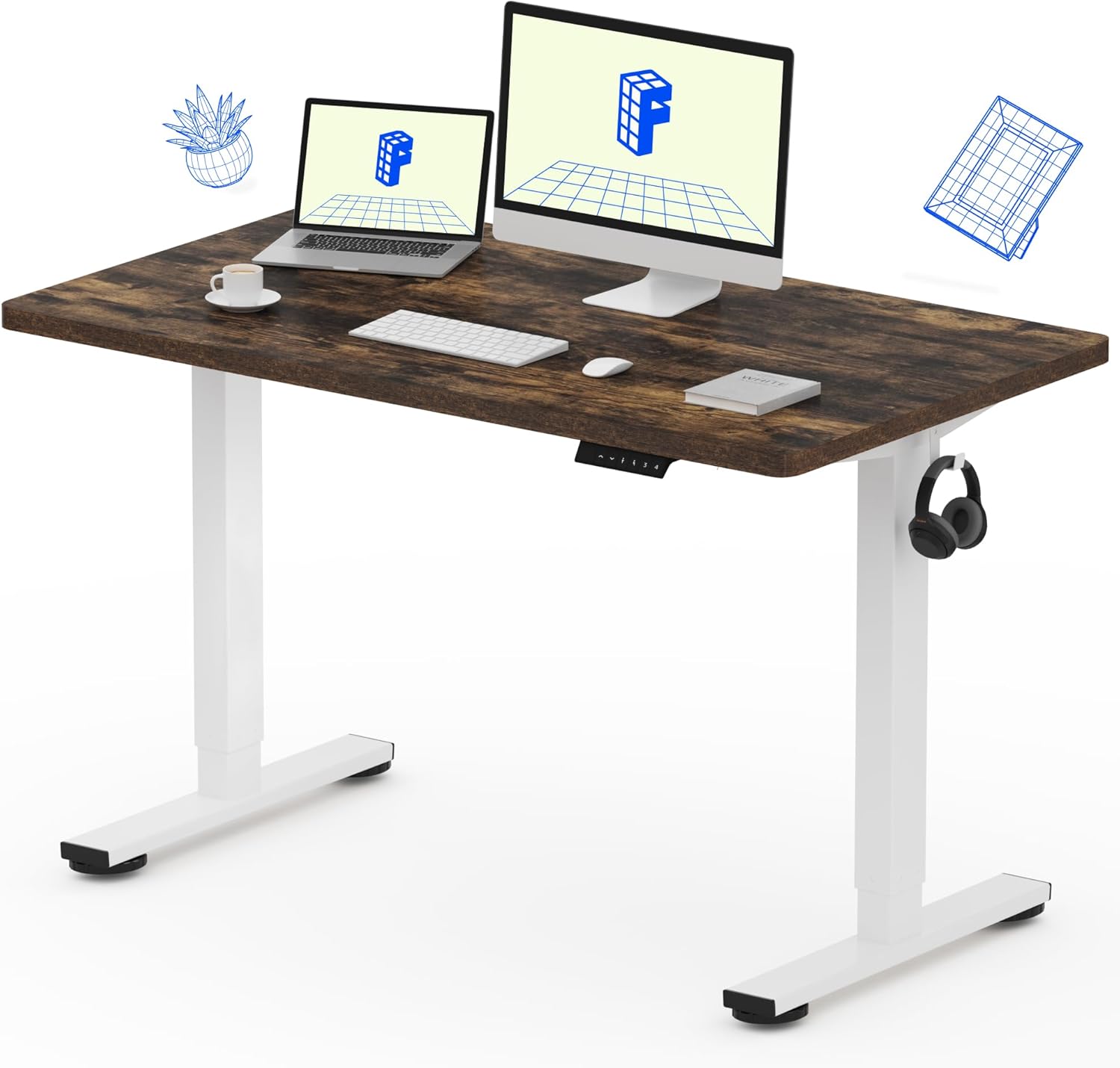 FLEXISPOT EN1 One-Piece Standing Desk 55 x 28 Inch Electric Adjustable Height Desk for Home Office and Computer Workstation (White Frame + 55" Maple Top, 2 Packages)