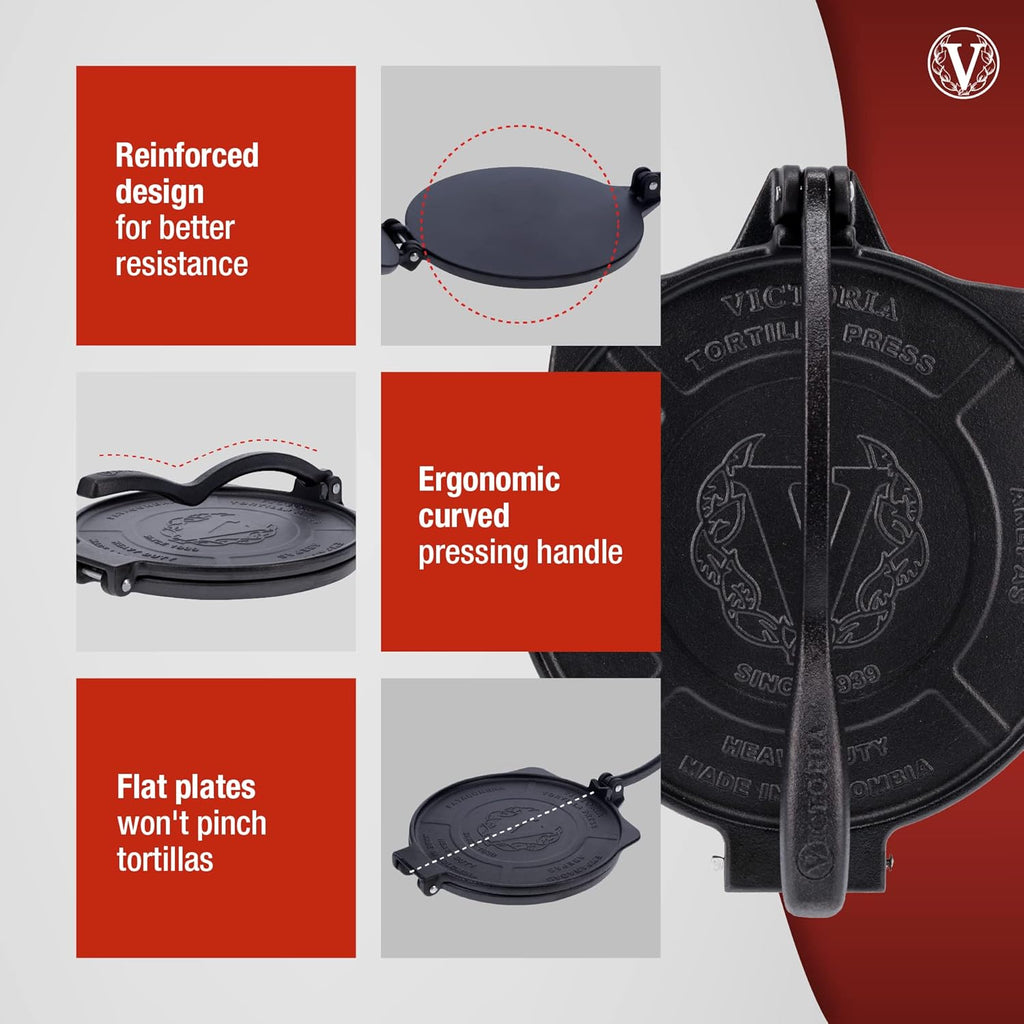 Victoria 10-Inch Commercial-Grade Cast-Iron Tortilla Press, Made from Super-Durable HD Iron, Made in Colombia