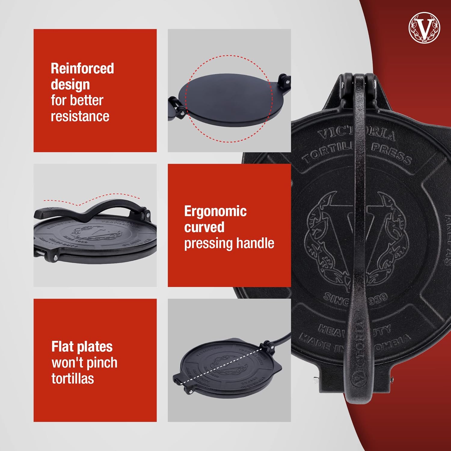 Victoria 10-Inch Commercial-Grade Cast-Iron Tortilla Press, Made from Super-Durable HD Iron, Made in Colombia