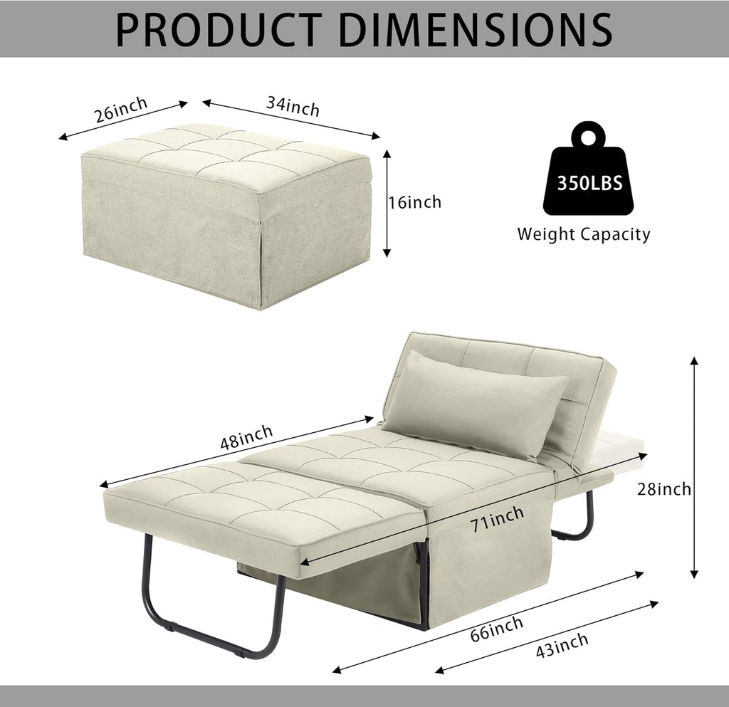 Sofa Bed, 4 in 1 Multi-Function Folding Ottoman Breathable Linen Couch Bed with Adjustable Backrest Modern Convertible Chair for Living Room Apartment Office