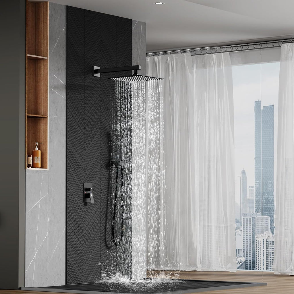 SR SUN RISE 12 Inches Matte Black Shower System 12 Inch Brass Bathroom Luxury Rain Mixer Shower Combo Set Wall Mounted Rainfall Shower Head System Shower Faucet Rough-in Valve Body and Trim Included