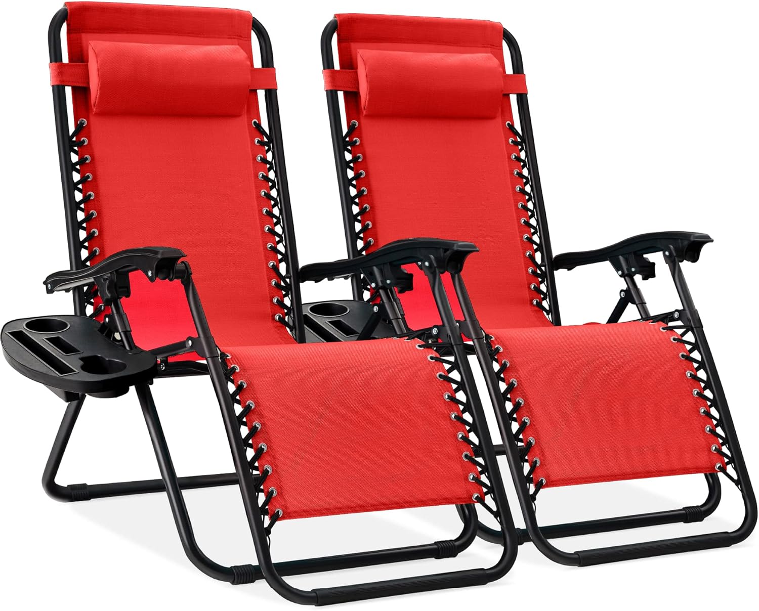 Best Choice Products Set of 2 Adjustable Steel Mesh Zero Gravity Lounge Chair Recliners w/Pillows and Cup Holder Trays - Beige