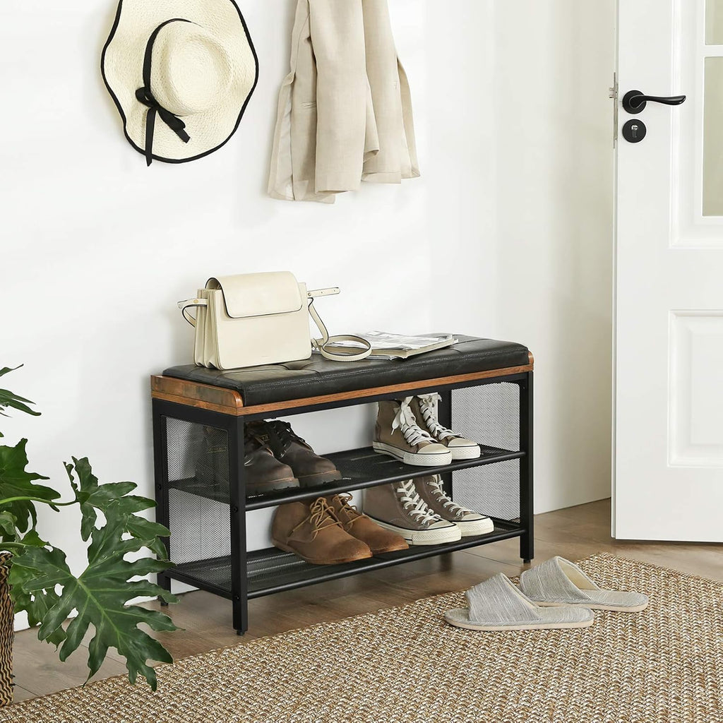 VASAGLE Shoe Bench, Storage Bench with Cupboard and 9 Open Compartments, Shoe Shelf, Padded Seat, Barn Door, 11.8 x 43.3 x 18.9 Inches, Rustic Brown ULHS058X01
