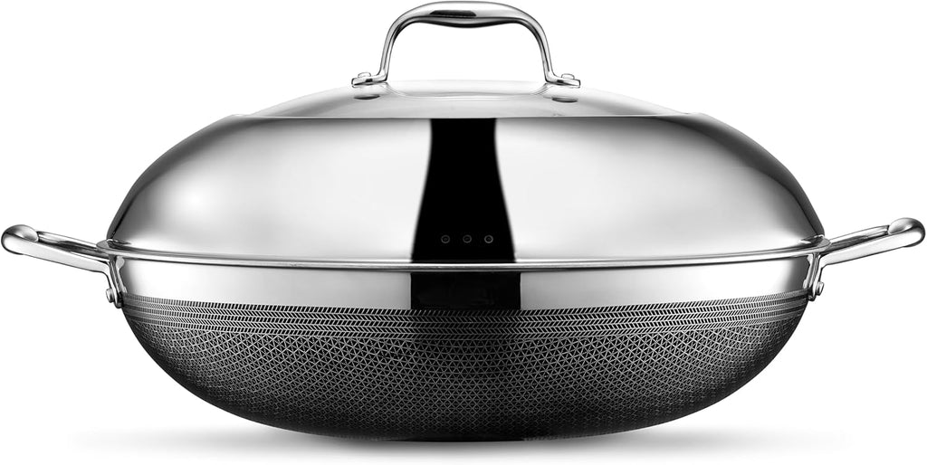 HexClad Hybrid Nonstick 14-Inch Wok with Steel Lid, Stay-Cool Handle, Dishwasher and Oven Safe, Compatible with All Cooktops, Induction Ready