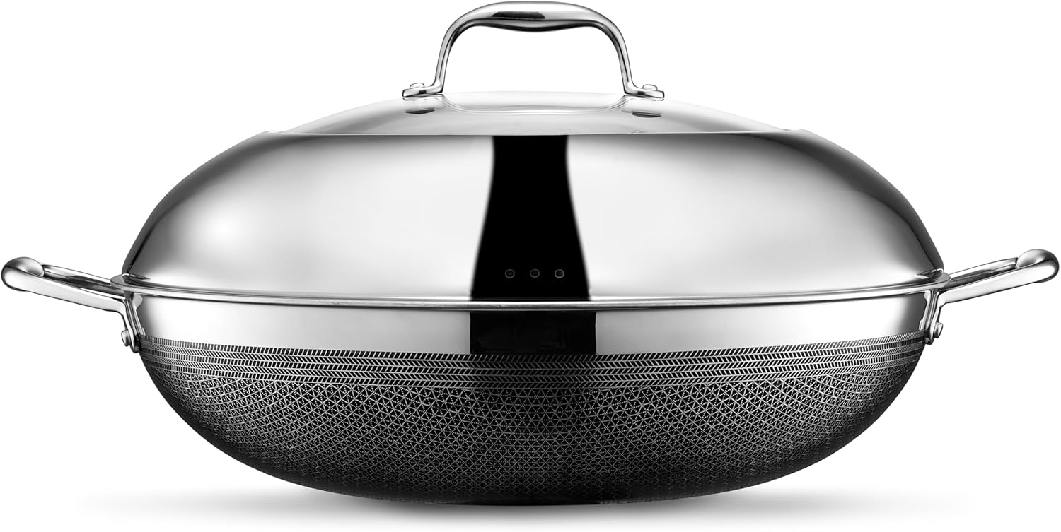 HexClad Hybrid Nonstick 14-Inch Wok with Steel Lid, Stay-Cool Handle, Dishwasher and Oven Safe, Compatible with All Cooktops, Induction Ready