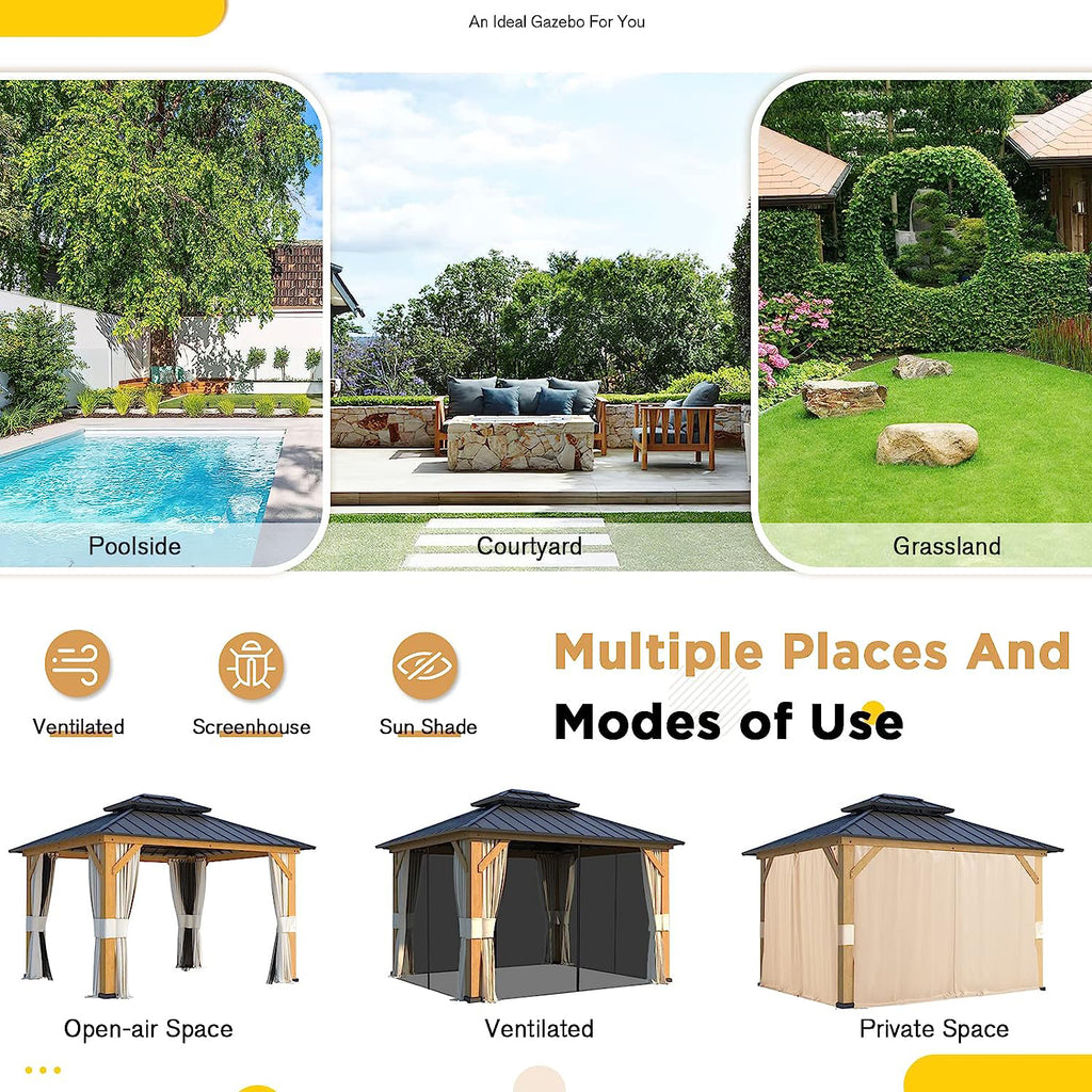 💝Clearance sale✨11′ft x 13′ft Solid Wood Gazebo， With Privacy Curtain And Mosquito Net（brown）