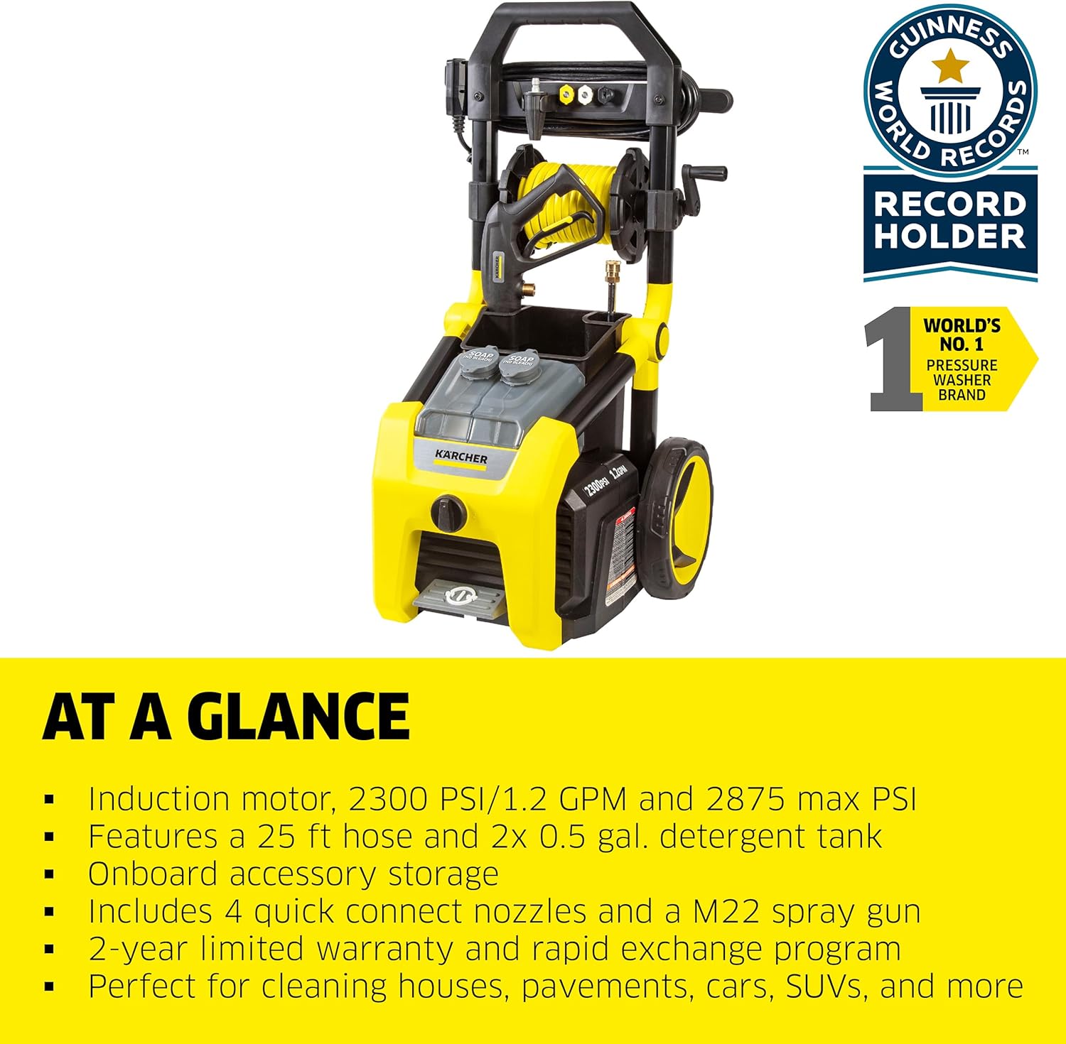 Electric Karcher Pressure Washer K1700, Max 2125 PSI, 3 Spray Nozzles, Detergent Tank, For Cars, Driveways, Siding, Patios, 1.46 max. GPM