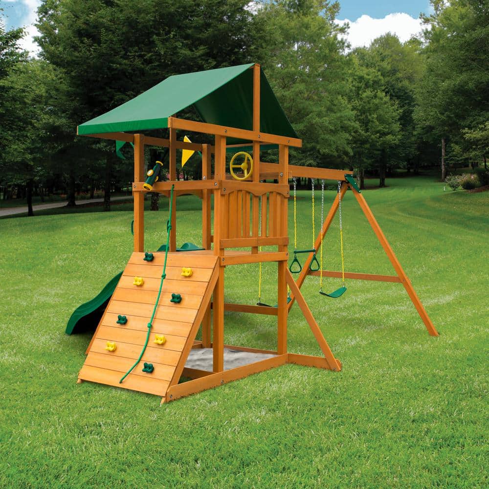 DIYOuting III Wooden Outdoor Playset with Tarp Roof, Rock Wall, Wave Slide, Swings, and Backyard Swing Set Accessories