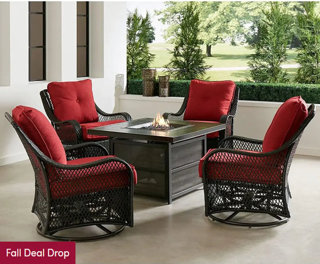 2025 New Hanover Orleans 5-Piece Steel Patio Fire Pit Conversation Set with Cushions, Swivel Gliders and Square Fire Pit Table