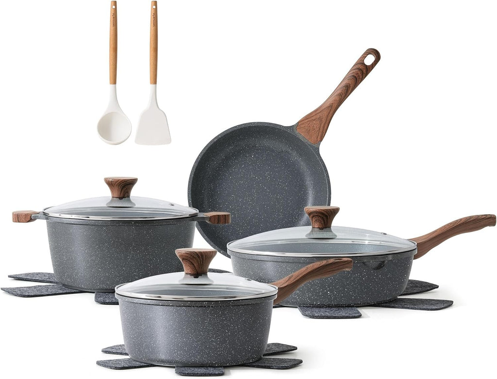 SENSARTE Nonstick Cookware Set 13-Piece, Healthy Pots and Pans Set Non-toxic Kitchen Cooking Set with Granite Coating, Stay-Cool Handles, Silicone Utensils and Pot Protectors, PFOA Free