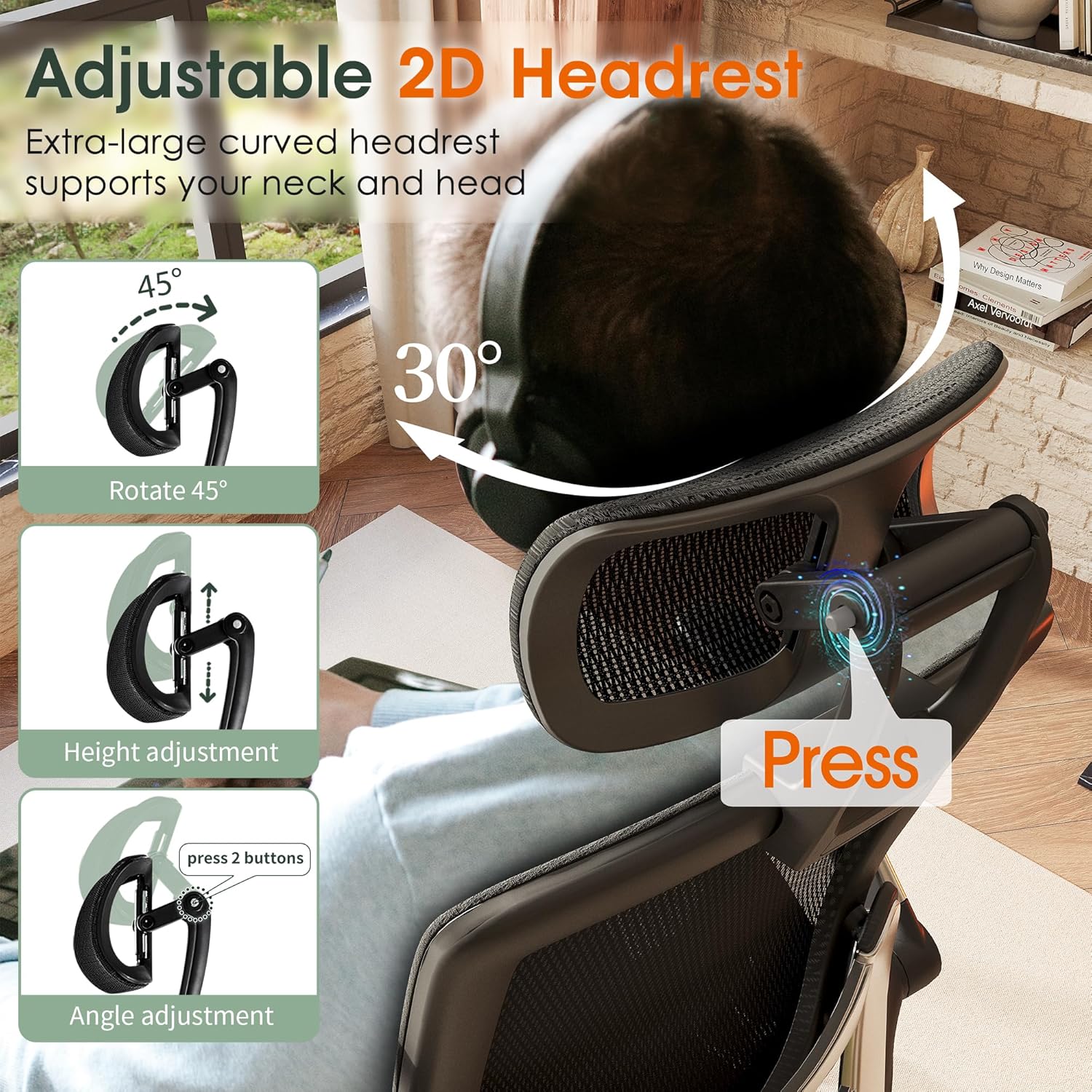 GABRYLLY Ergonomic Office Chair, High Back Home Desk Chair with Headrest, Flip-Up Arms, 90-120° Tilt Lock and Wide Cushion, Big and Tall Mesh Chairs for Man Woman, Grey Task Chair