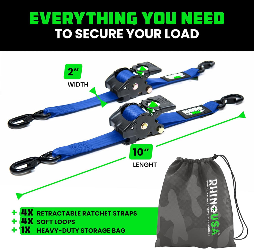Rhino USA Retractable Ratchet Straps (2-Pack) - 2 Inch x 10 Feet (3,033lb Break Strength) - Heavy Duty Auto Self Retracting Tie Down Straps for Truck, Cargo Trailer, Motorcycle, Rad & More - Orange