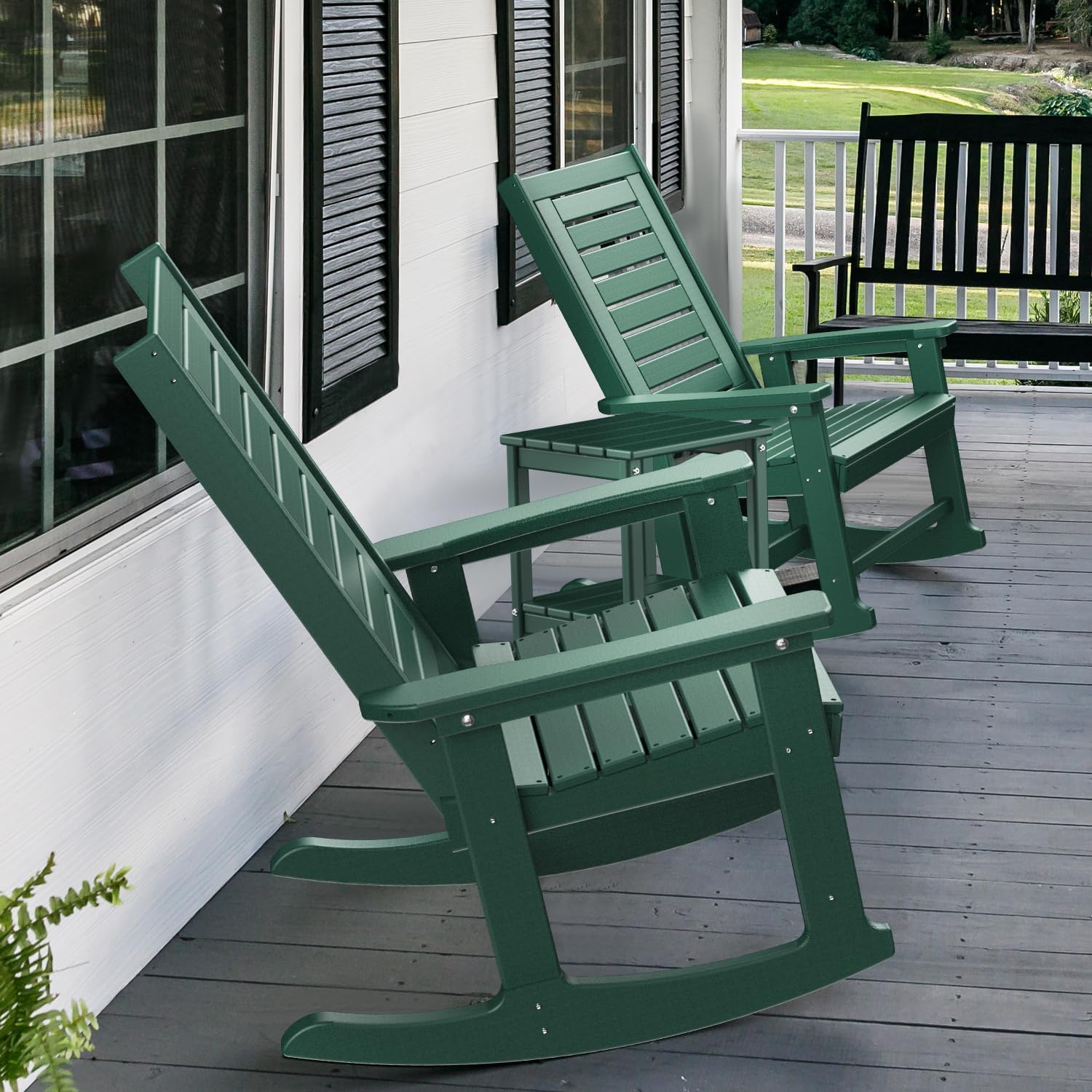 GREENVINES Outdoor Rocking Chairs | Set of 2 | Porch Rocker | HDPE Plastic | Black | Oversized Rockers | High Back | Big & Tall | Ladder Back | for Patio Outside Backyard Balcony Garden