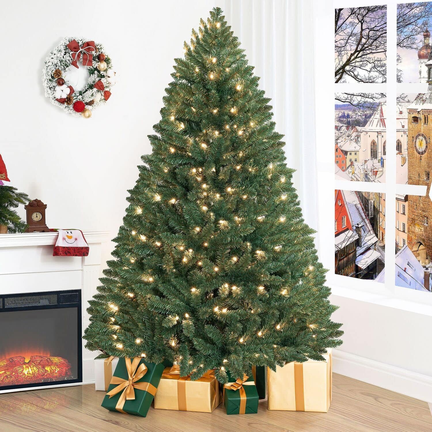 Naomi Home 6.5ft Rustic Christmas Tree with Lights, Realistic Classic Prelit with 2595 Branch Tips, 600 Warm Lights and Metal Stand, Aritificial Tree