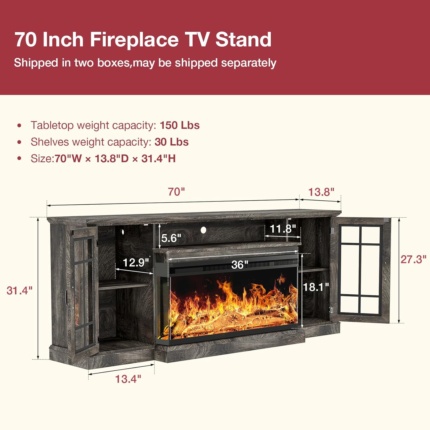 oneinmil 59'' Fireplace TV Stand, 3 Sided Glass Media Entertainment Center Console Table for TVs up to 65'' with Glass Door Adjustable Flame LED Color for Living Room, Set of TV Table, White