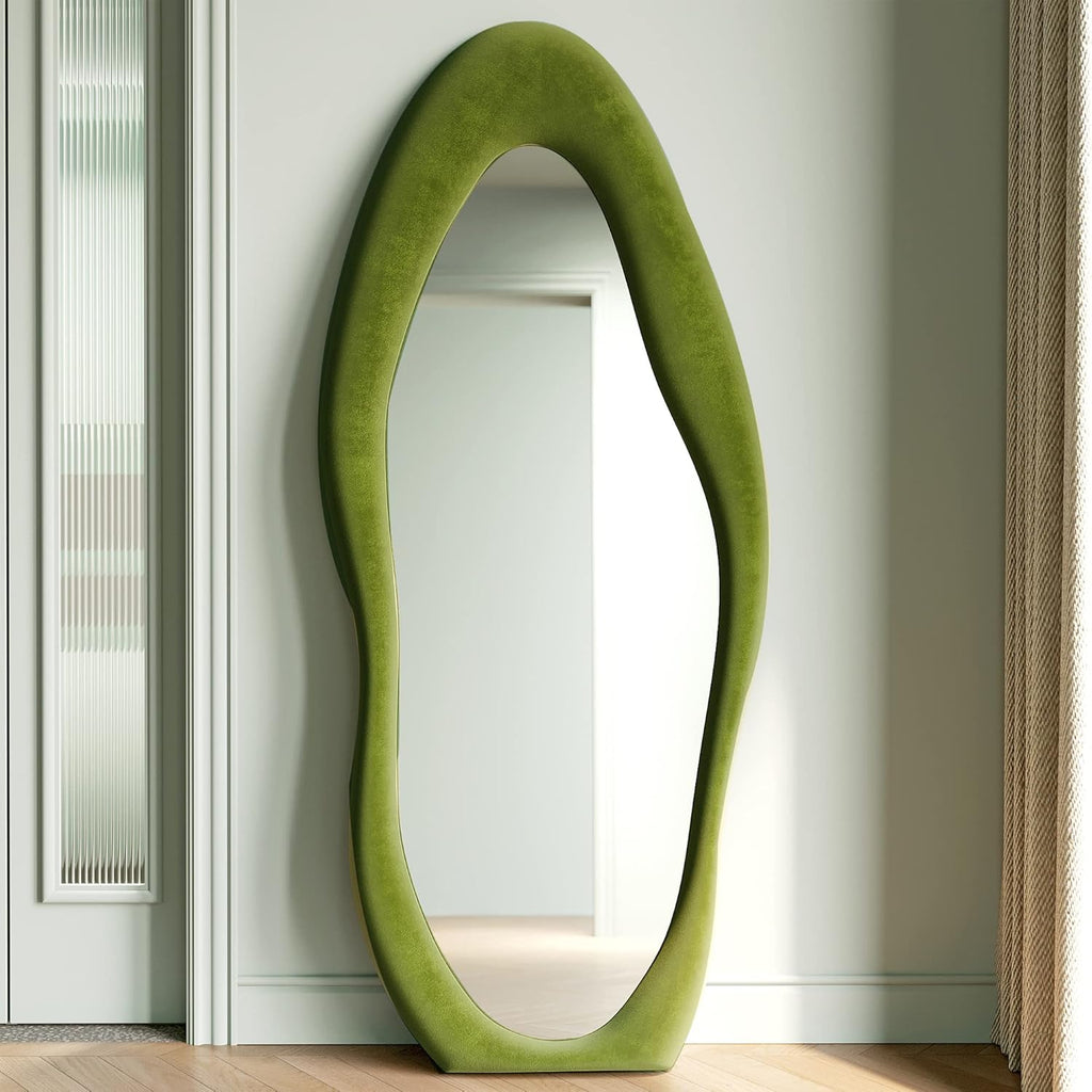 Honyee Full Length Mirror, 63" x 24" Wall Mirror, Flannel Wrapped Wooden Frame Full Body Mirror, Irregular Wavy Mirror Hanging or Leaning Against Wall for Cloakroom/Bedroom/Living Room, Ivory White