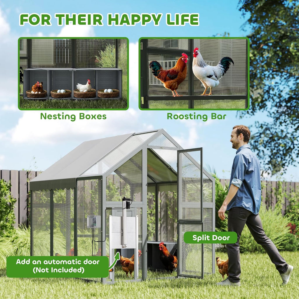 PawHut Large Chicken Run, Wooden Chicken Coop with Waterproof & Anti-UV Cover, Split Door, 4 Nesting Boxes, Roosting Bar, Walk-in Chicken Pen for 8-12 Chickens, for Backyard, Farm, 9' x 6' x 6'