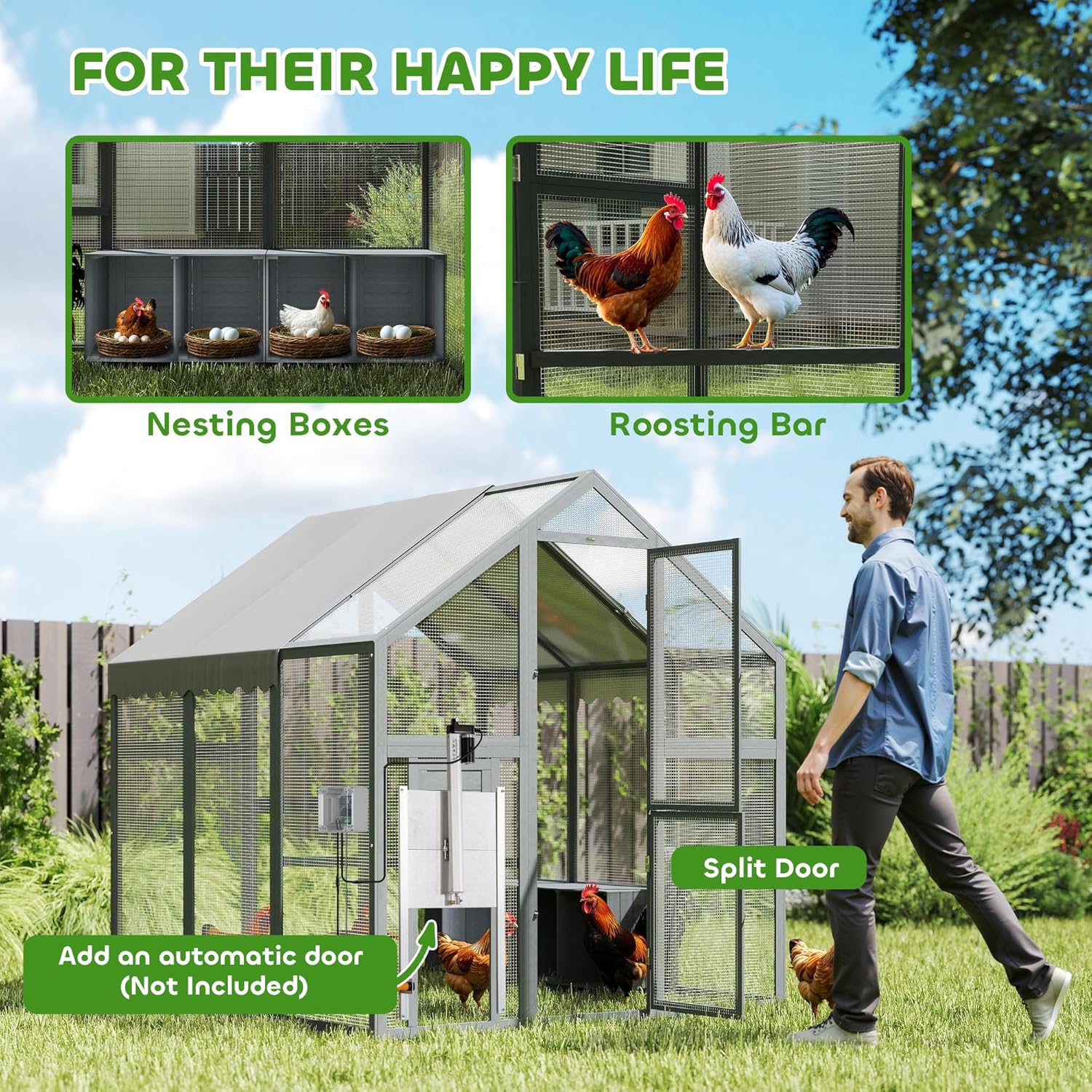PawHut Large Chicken Run, Wooden Chicken Coop with Waterproof & Anti-UV Cover, Split Door, 4 Nesting Boxes, Roosting Bar, Walk-in Chicken Pen for 8-12 Chickens, for Backyard, Farm, 9' x 6' x 6'