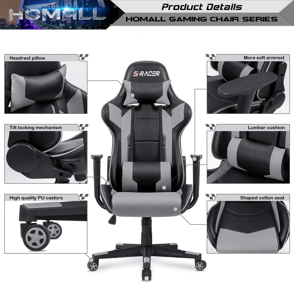 Homall Gaming Chair, Office Chair High Back Computer Chair Leather Desk Chair Racing Executive Ergonomic Adjustable Swivel Task Chair with Headrest and Lumbar Support (Dark Black)