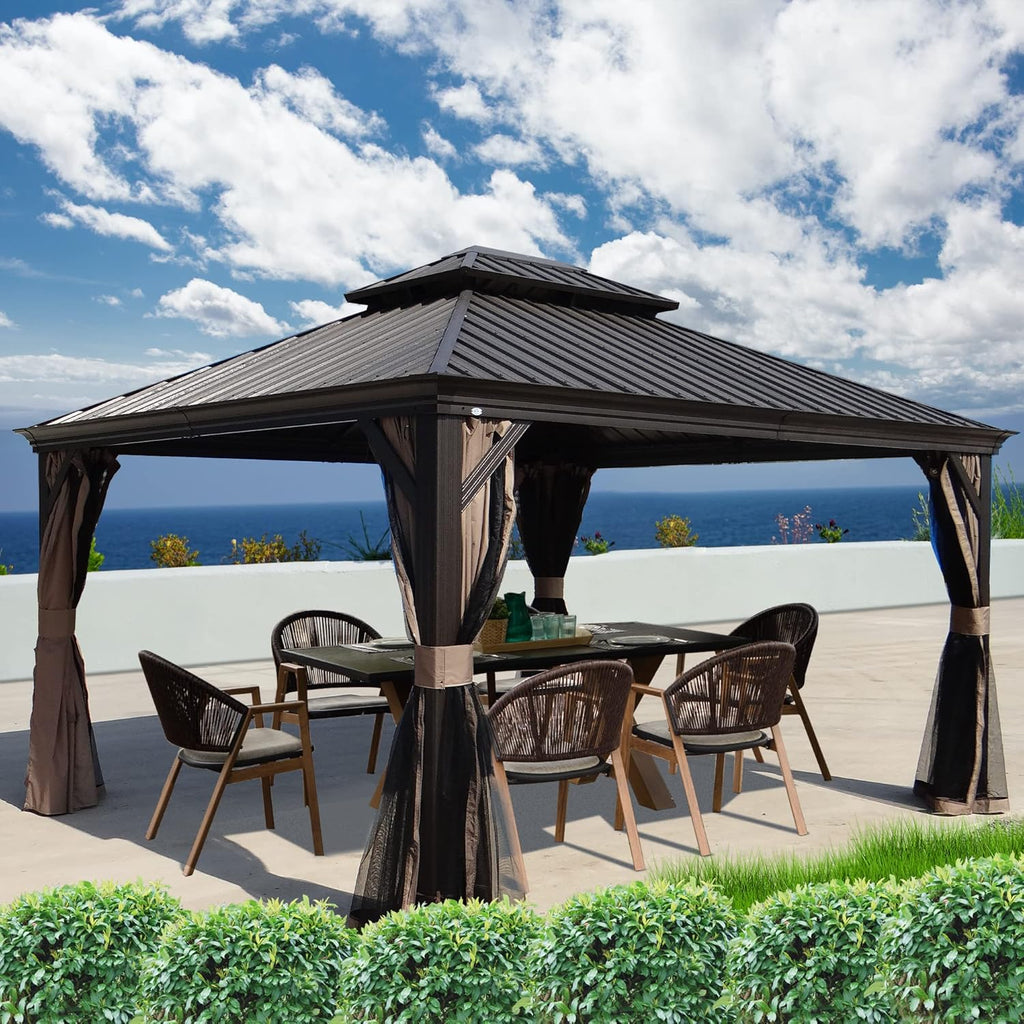 Kozyard Alexander 10' X 12' Hardtop, Aluminum Metal Gazebo with Galvanized Steel Double Roof Canopy, Curtain and Netting, Permanent Pavilion for Patio, Backyard, Deck, Lawn (Gray)
