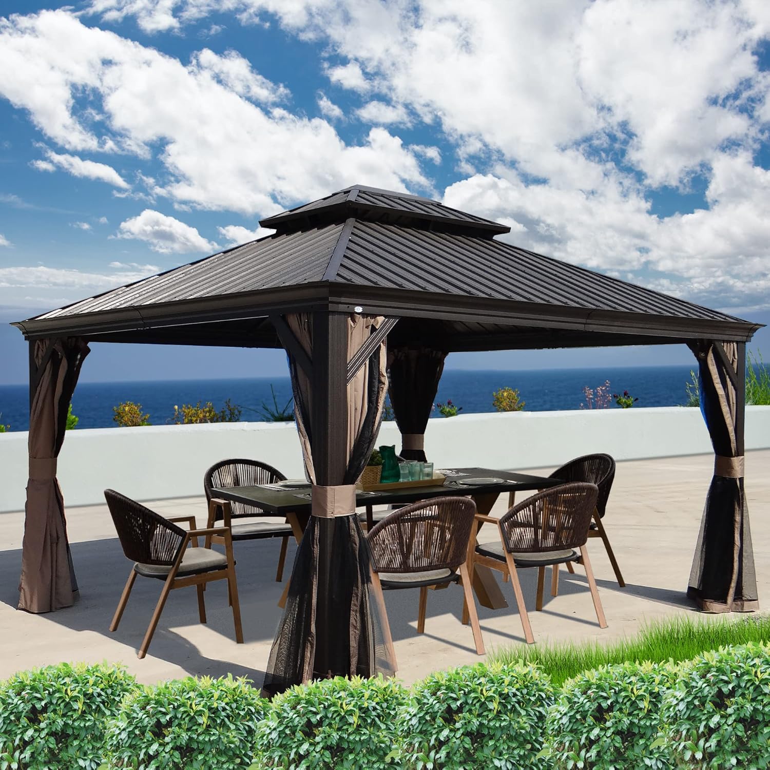 Kozyard Alexander 10' X 12' Hardtop, Aluminum Metal Gazebo with Galvanized Steel Double Roof Canopy, Curtain and Netting, Permanent Pavilion for Patio, Backyard, Deck, Lawn (Gray)