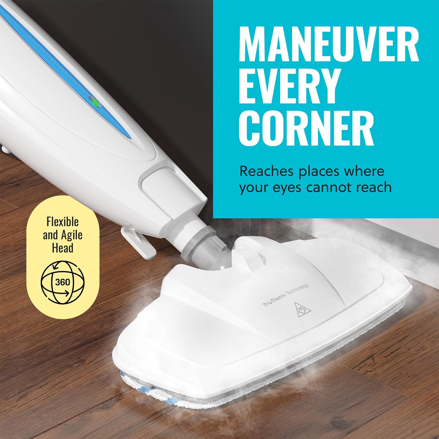 PurSteam ScrubMaster Steam Mop with Dual Scrubbing Head, LED Headlights, Adjustable Steam Control, Anti-Slip Swivel Head, Cable Holder & Upright Lock