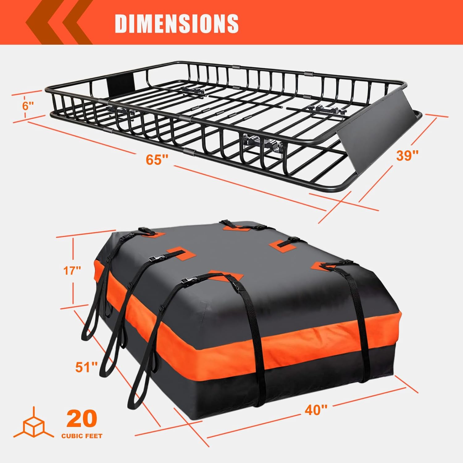 MeeFar High Rail Trailer Folding Hitch Mount Cargo Carrier Basket 60" X 24" X 14"+Waterproof Cargo Bag 20 cu ft(59" 24" 24"), Capacity of 500 Lbs with Hitch Stabilizer, Net, Lock and Straps