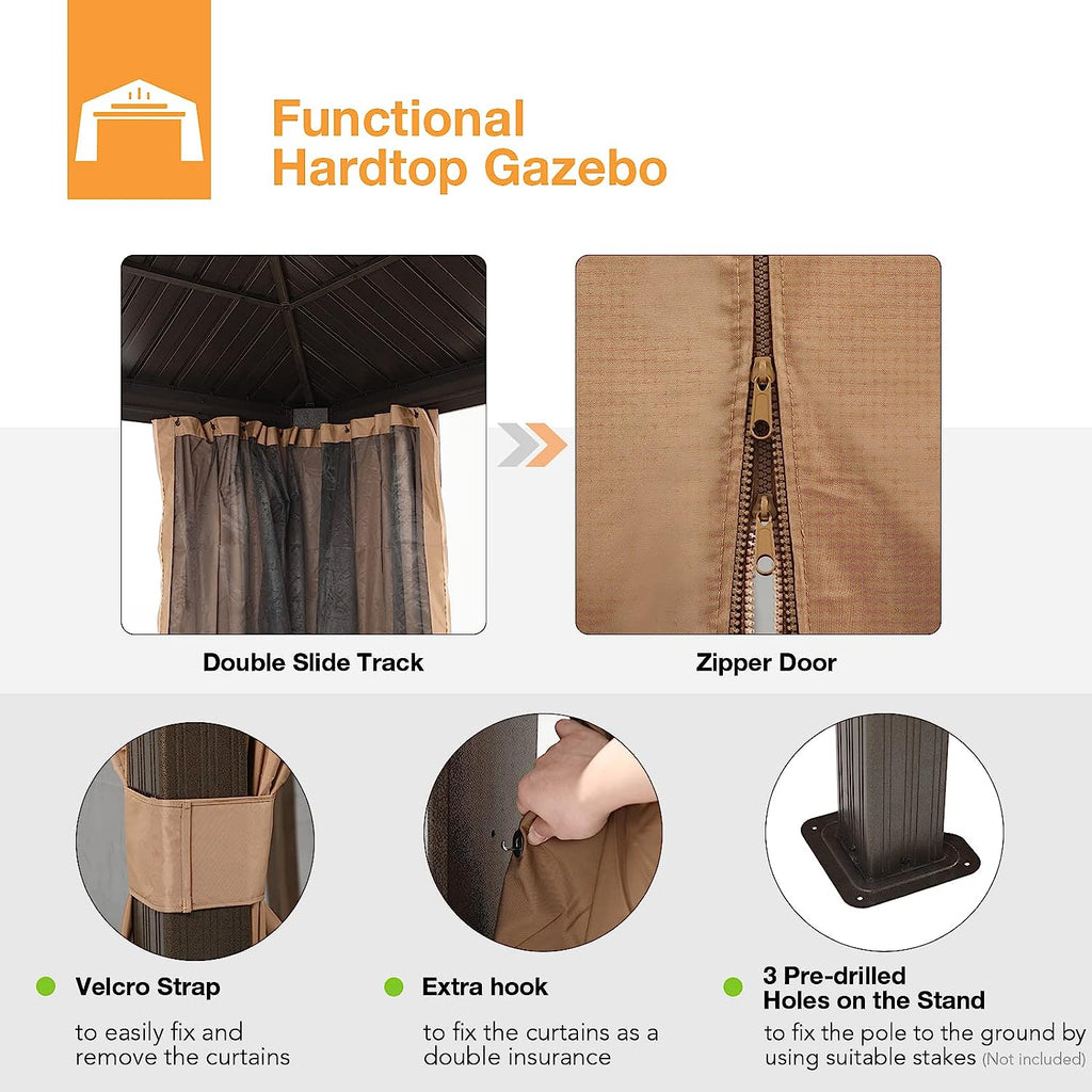 💖Clearance sale✨10’ft x 12’ft Hardtop Gazebo, With Privacy Curtain And Mosquito Net（brown）（Grey）