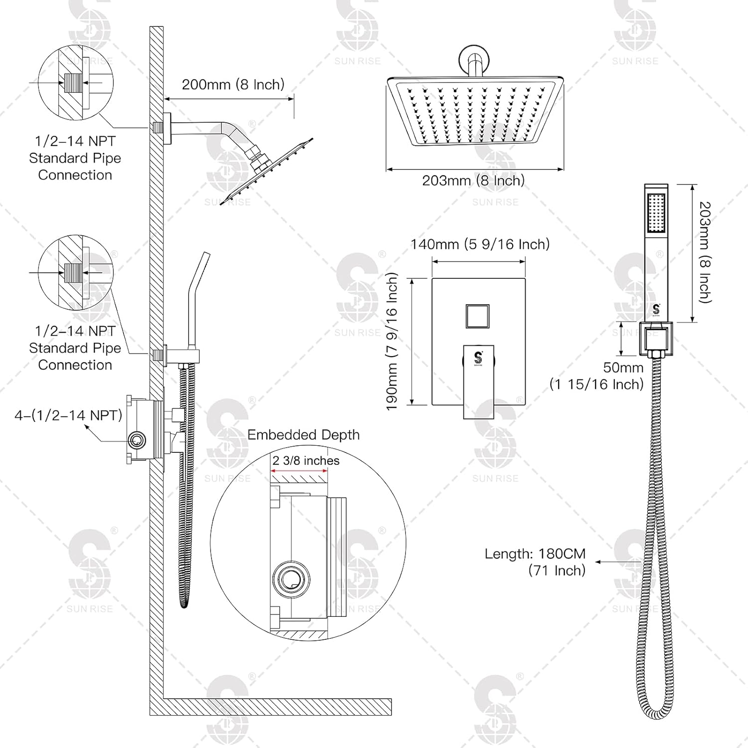 SR SUN RISE 12 Inches Matte Black Shower System 12 Inch Brass Bathroom Luxury Rain Mixer Shower Combo Set Wall Mounted Rainfall Shower Head System Shower Faucet Rough-in Valve Body and Trim Included
