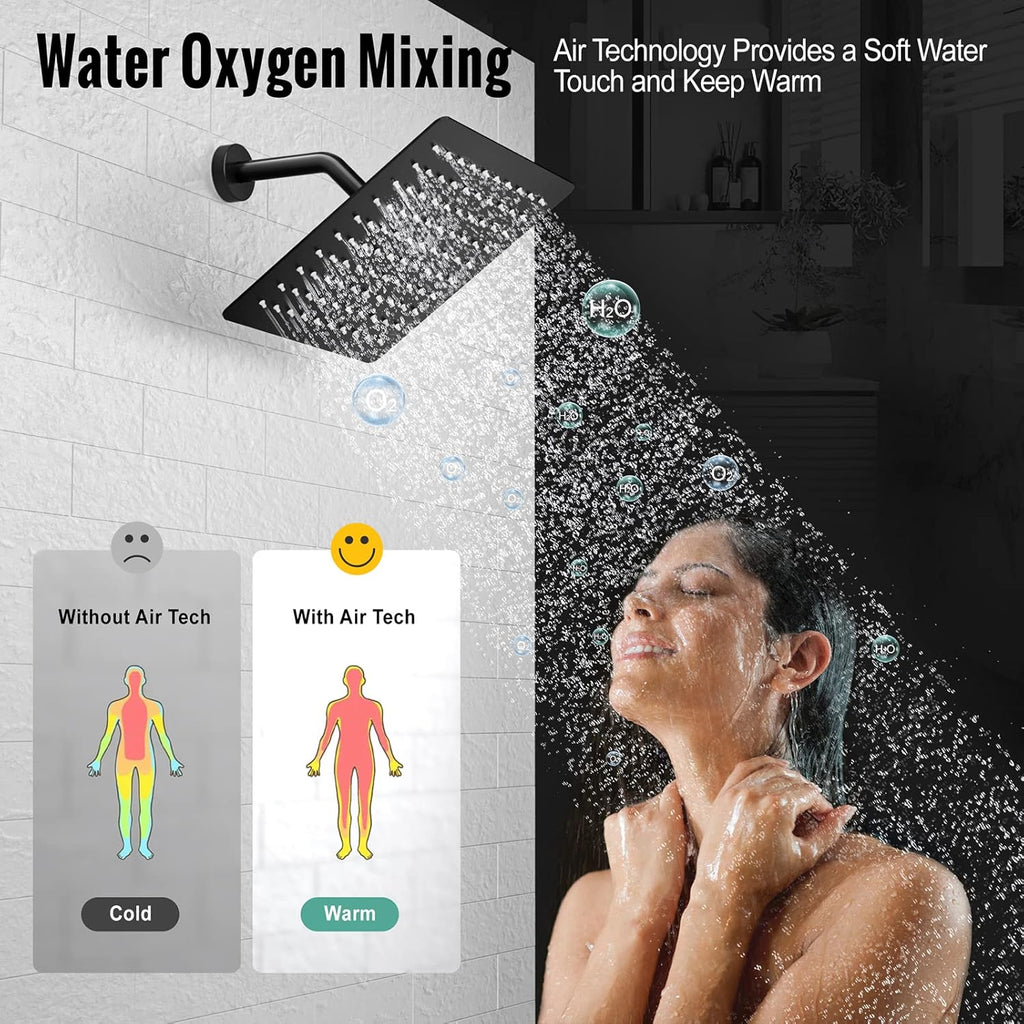 SR SUN RISE 12 Inches Matte Black Shower System 12 Inch Brass Bathroom Luxury Rain Mixer Shower Combo Set Wall Mounted Rainfall Shower Head System Shower Faucet Rough-in Valve Body and Trim Included