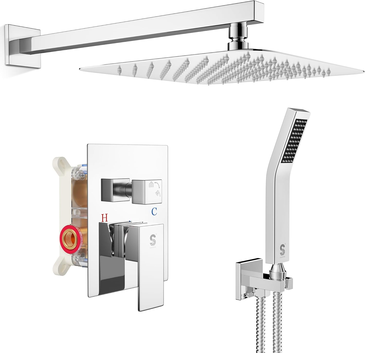 SR SUN RISE 12 Inches Matte Black Shower System 12 Inch Brass Bathroom Luxury Rain Mixer Shower Combo Set Wall Mounted Rainfall Shower Head System Shower Faucet Rough-in Valve Body and Trim Included
