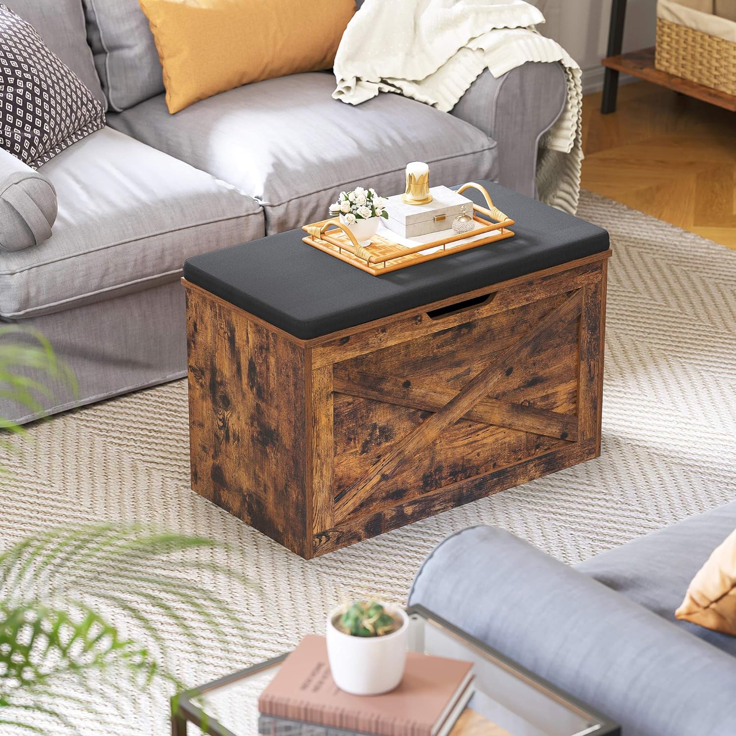 VASAGLE Shoe Bench, Storage Bench with Cupboard and 9 Open Compartments, Shoe Shelf, Padded Seat, Barn Door, 11.8 x 43.3 x 18.9 Inches, Rustic Brown ULHS058X01