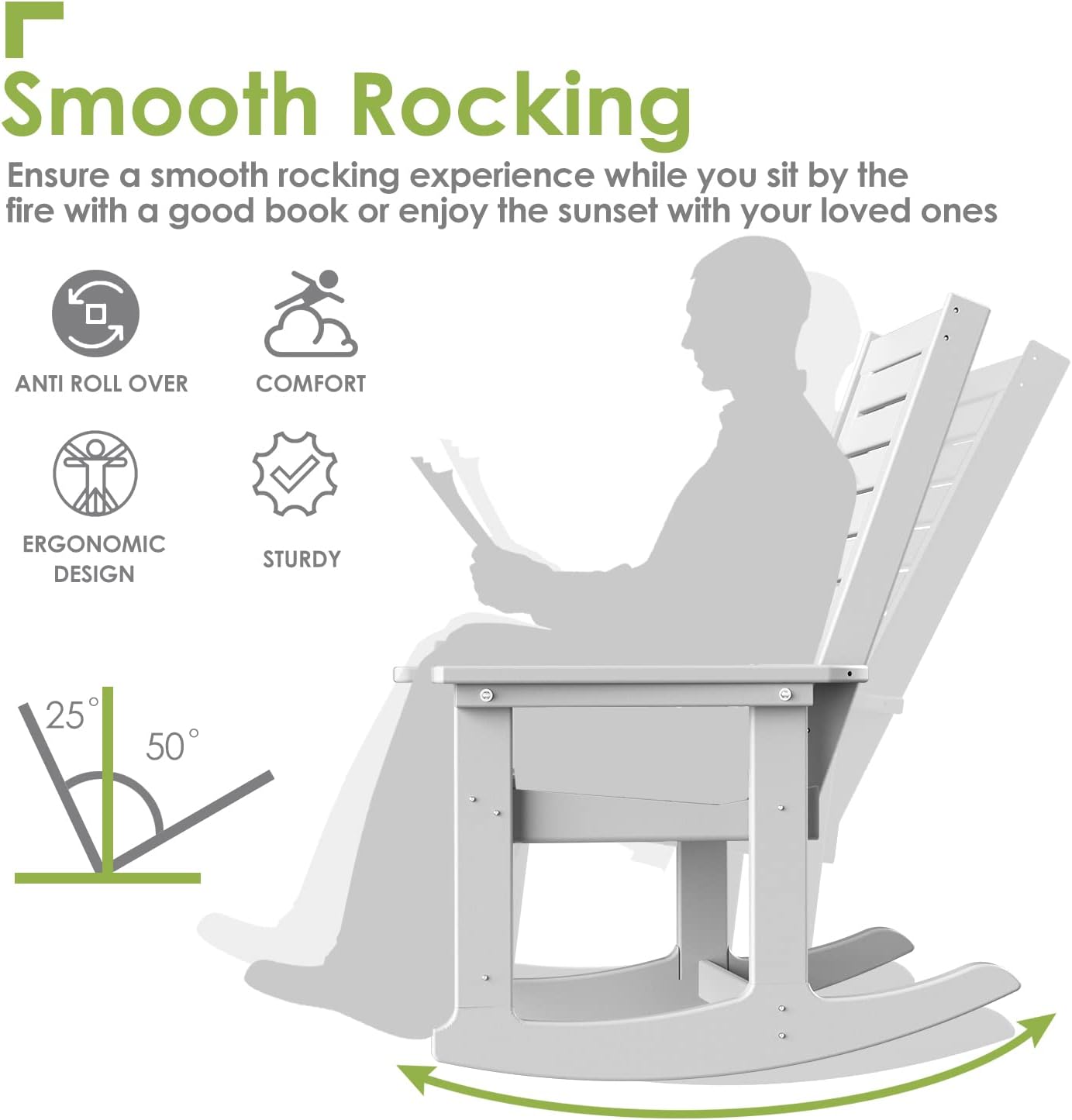 GREENVINES Outdoor Rocking Chairs | Set of 2 | Porch Rocker | HDPE Plastic | Black | Oversized Rockers | High Back | Big & Tall | Ladder Back | for Patio Outside Backyard Balcony Garden