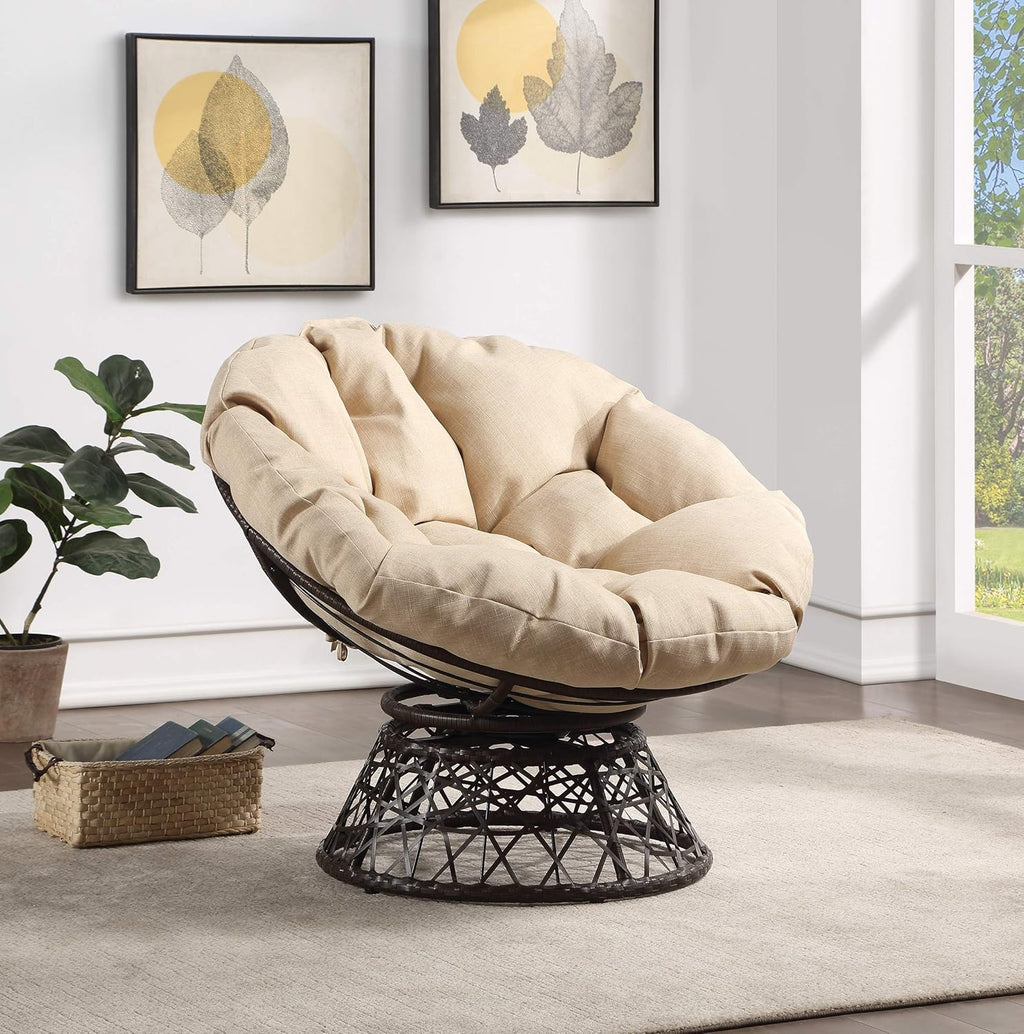 OSP Home Furnishings Wicker Papasan Chair with 360-Degree Swivel, Brown Frame with Brown Cushion