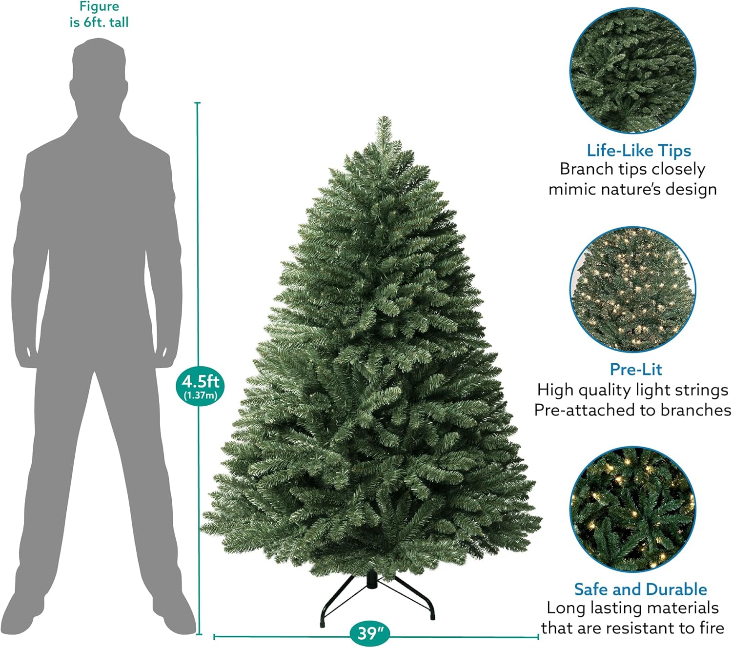 Naomi Home 6.5ft Rustic Christmas Tree with Lights, Realistic Classic Prelit with 2595 Branch Tips, 600 Warm Lights and Metal Stand, Aritificial Tree