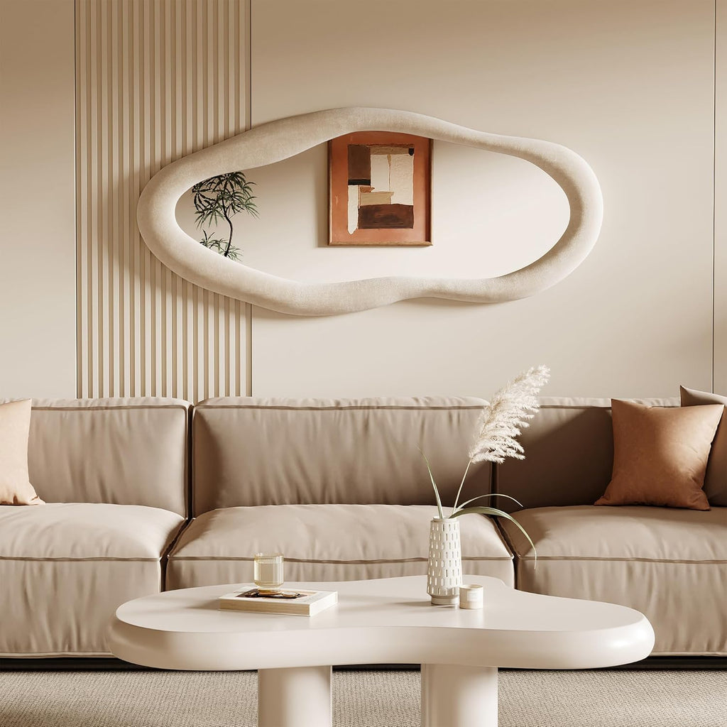 Honyee Full Length Mirror, 63" x 24" Wall Mirror, Flannel Wrapped Wooden Frame Full Body Mirror, Irregular Wavy Mirror Hanging or Leaning Against Wall for Cloakroom/Bedroom/Living Room, Ivory White