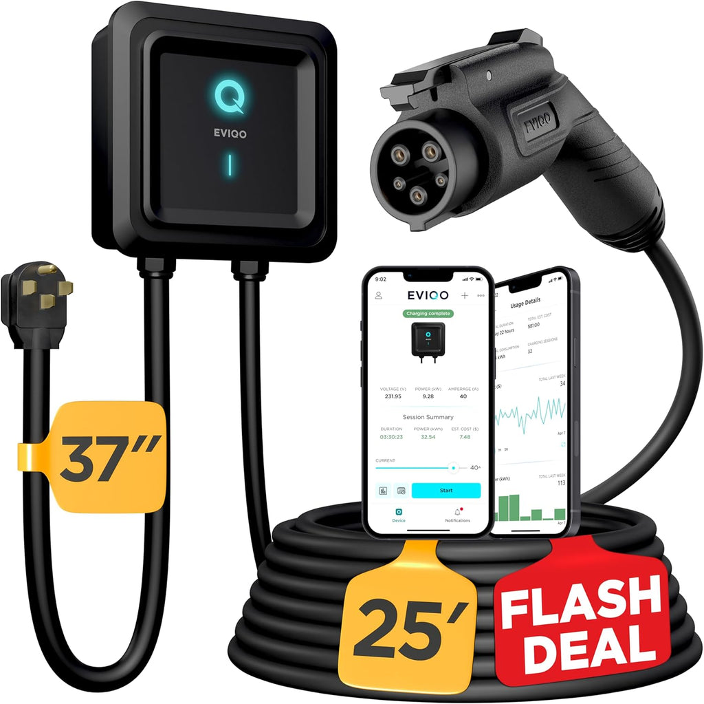 EVIQO Level 2 EV Charger 40 Amp - 9.6 kW 240V Wall EV Charger Level 2 for Home, NEMA 14-50 Plug, J1772 25' Cable, Enhanced Wi-Fi – UL, ETL Certified EVSE, Smart Car EV Charging Station – GEN 2