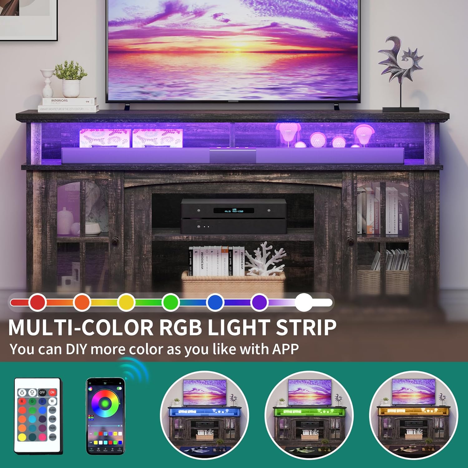 LED Farmhouse TV Stand for TV up to 75" w/Outlets, Highboy Media Entertainment Center Console Table Adjustable Storage Shelves &Cabinet Glass Door for 400lbs for Living Room