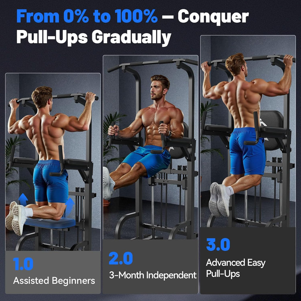 Sportsroyals Pull Up Bar Dip Station Power Tower Assistive Trainer Multi-Function Home Gym Strength Training Fitness Equipment 450LBS