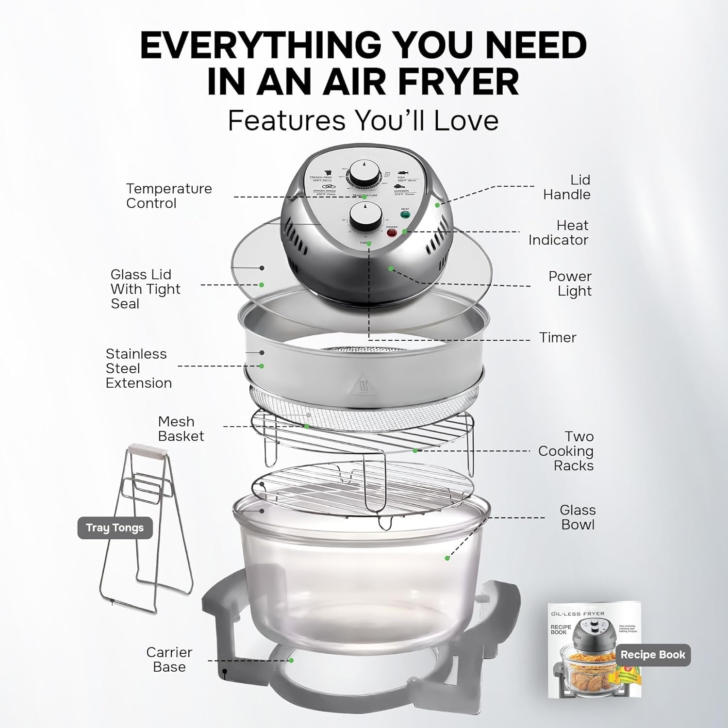Large Air Fryer Oven – Large Halogen Oven Cooker with 50+ Air Fryers Recipe Book for Quick + Easy Meals for Entire Family, AirFryer Oven Makes Healthier Crispy Foods