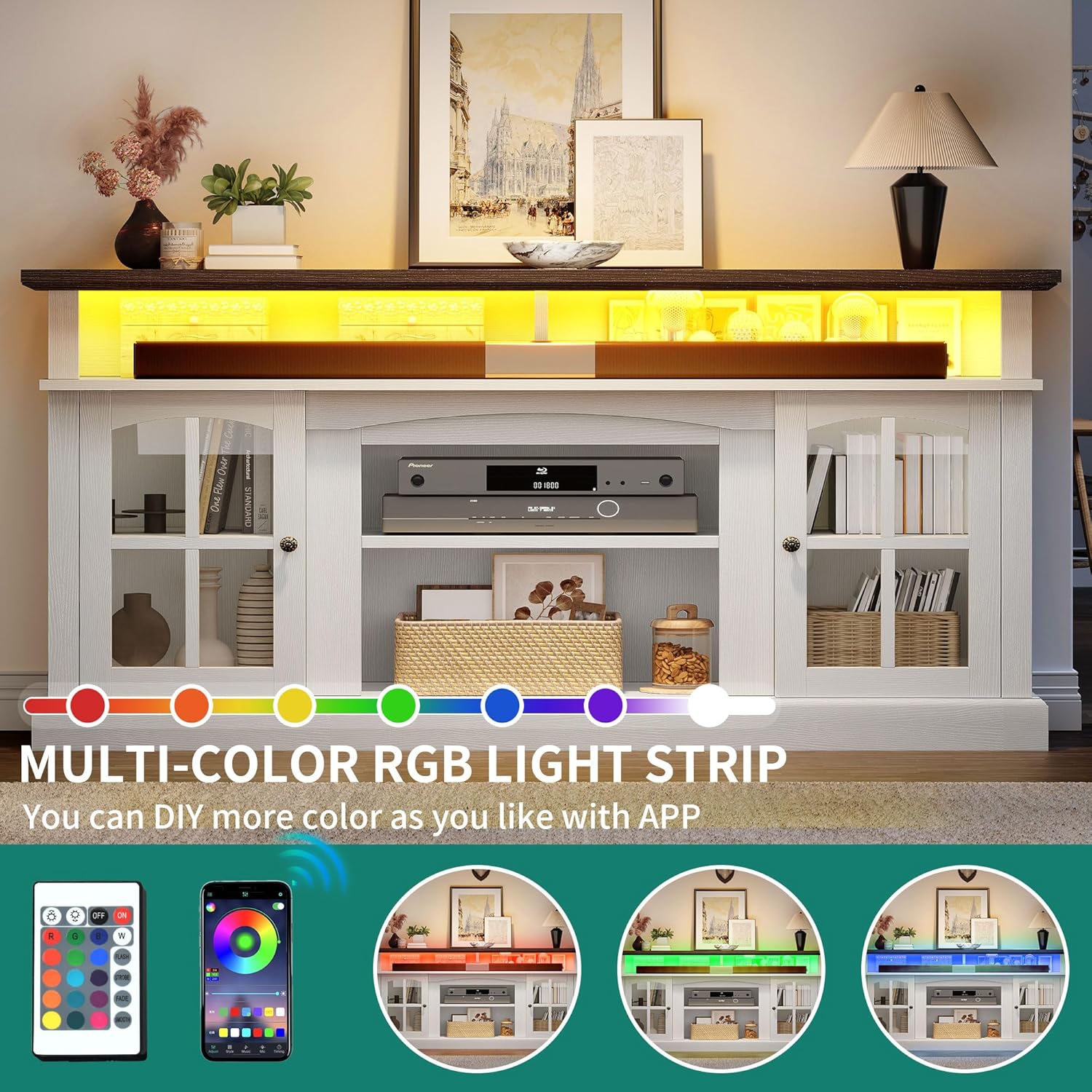 LED Farmhouse TV Stand for TV up to 75" w/Outlets, Highboy Media Entertainment Center Console Table Adjustable Storage Shelves &Cabinet Glass Door for 400lbs for Living Room